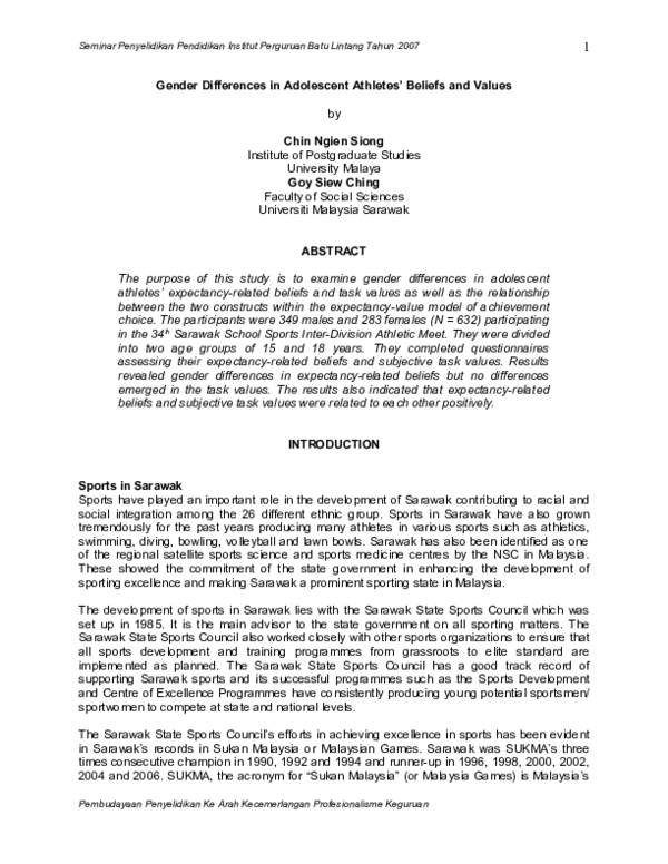 (PDF) Gender Differences in Adolescent Athletes' Beliefs and Values