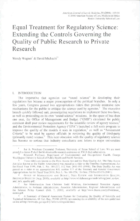 (PDF) Equal Treatment for Regulatory Science: Extending the Controls ...