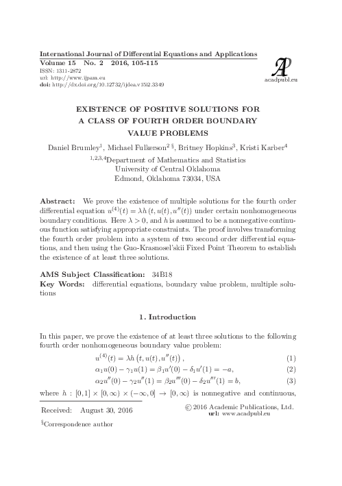 (PDF) P a Existence of Positive Solutions for a Class of Fourth Order ...