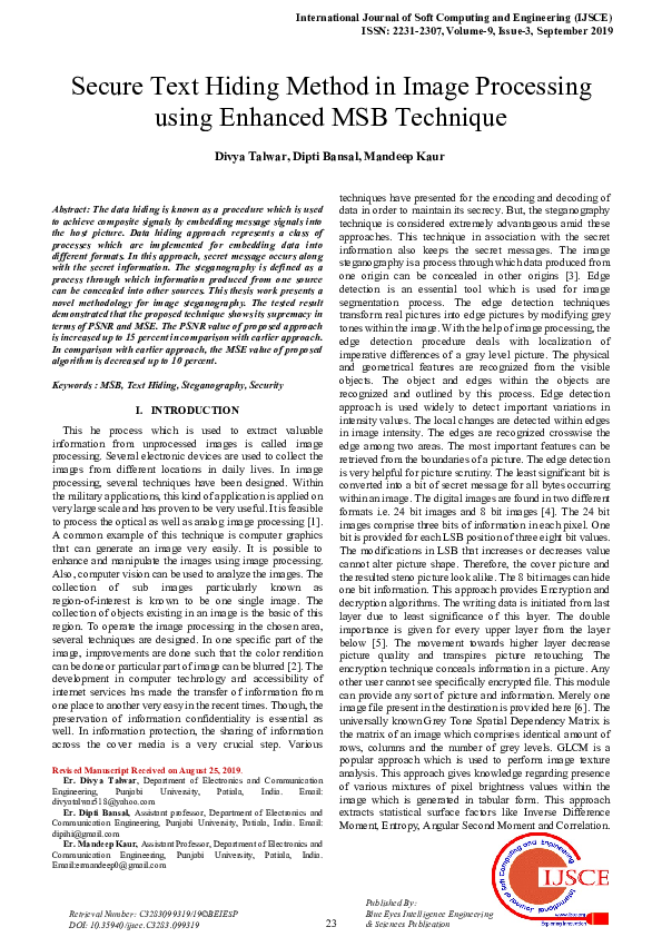 (PDF) Secure Text Hiding Method in Image Processing using Enhanced MSB ...