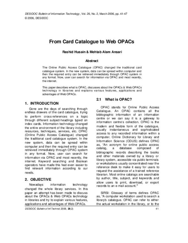 (PDF) From Card Catalogue to Web OPACs