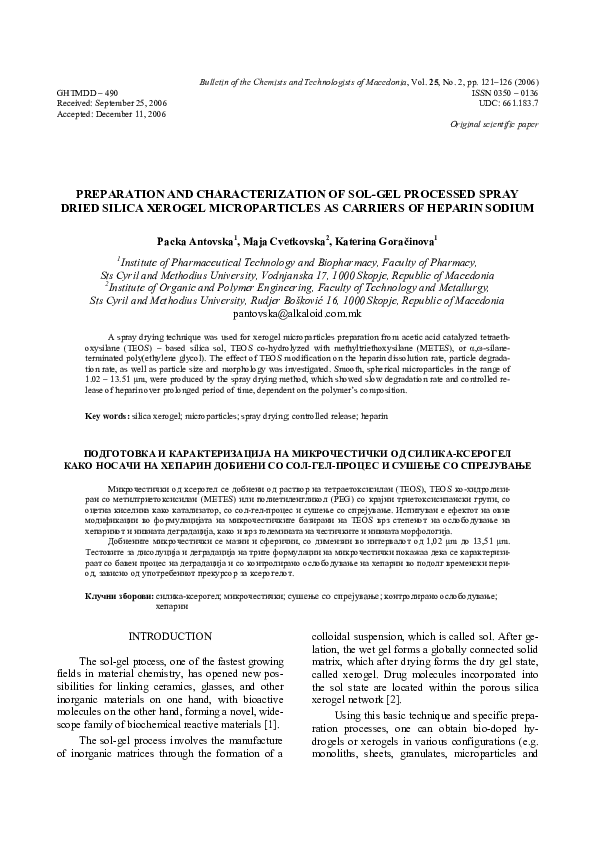 (PDF) Preparation and characterization of sol-gel processed spray dried ...