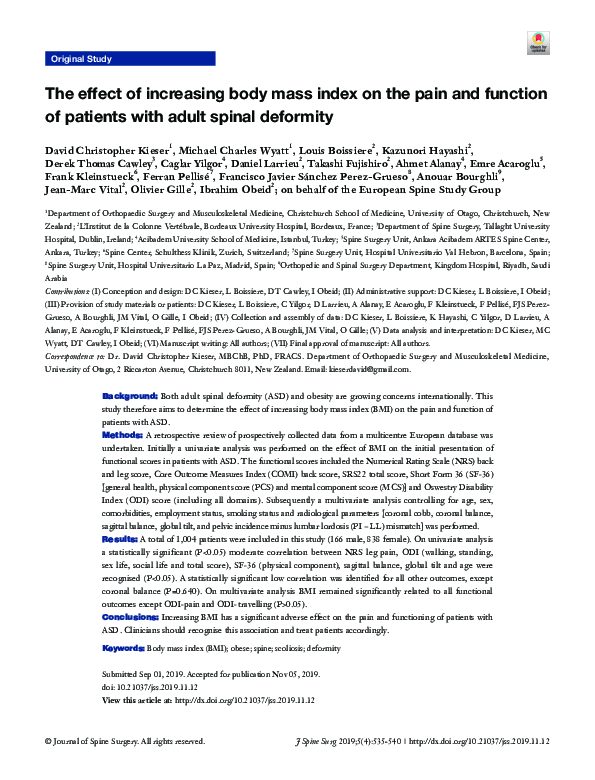 (PDF) The effect of increasing body mass index on the pain and function ...