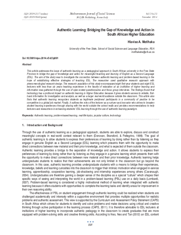 (PDF) Authentic Learning: Bridging the Gap of Knowledge and Action in ...
