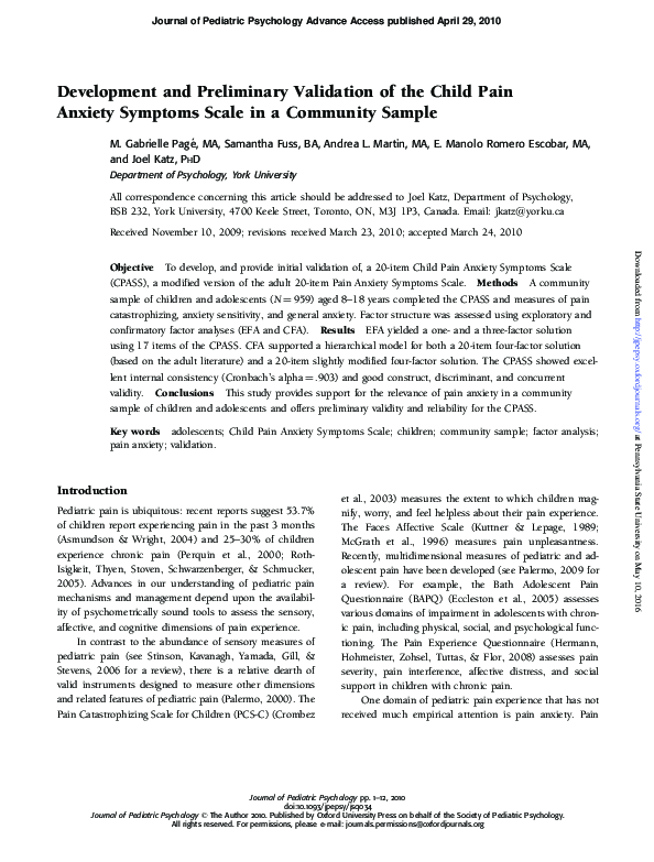 (PDF) Development and preliminary validation of the Child Pain Anxiety ...
