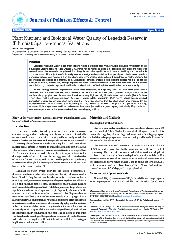(PDF) Plant Nutrient and Biological Water Quality of Legedadi Reservoir