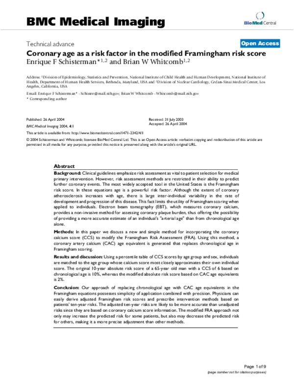 (PDF) Coronary age as a risk factor in the modified Framingham risk score