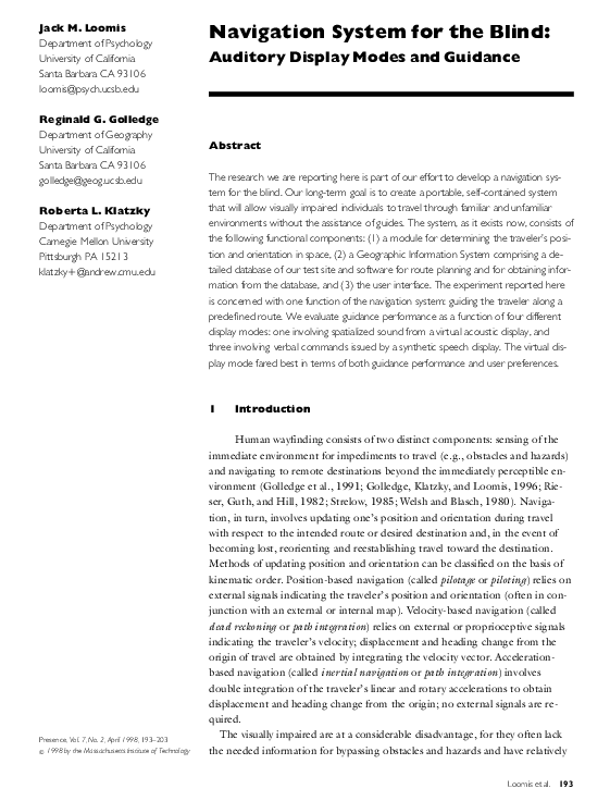 (PDF) Navigation System for the Blind