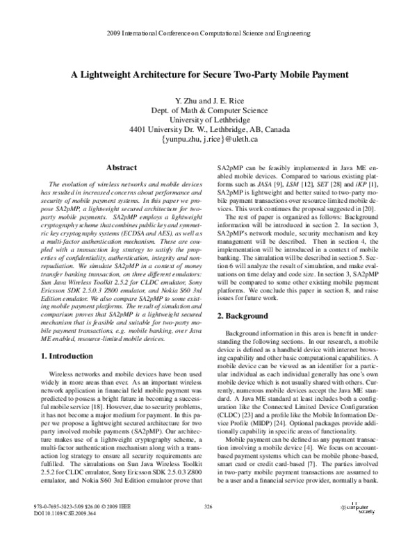 (PDF) A Lightweight Architecture for Secure Two-Party Mobile Payment
