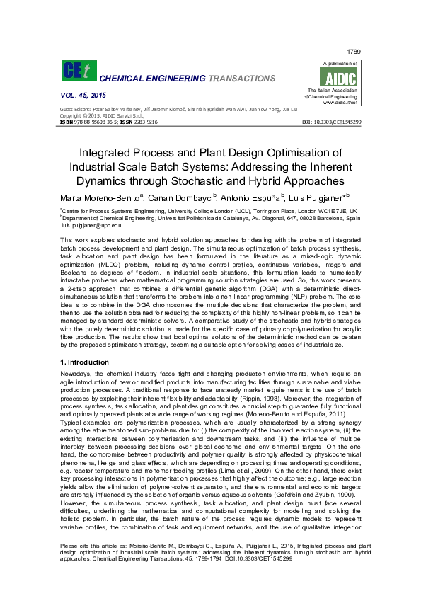 (PDF) Integrated Process and Plant Design Optimisation of Industrial ...