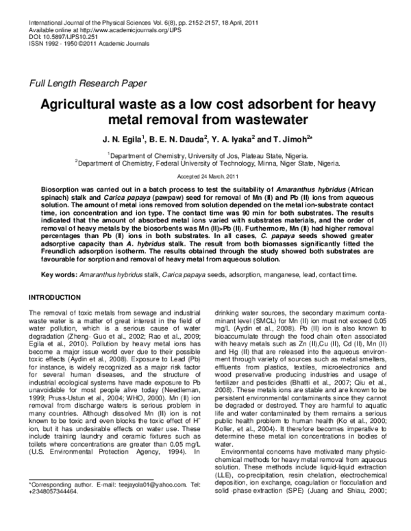 (PDF) Agricultural waste as a low cost adsorbent for heavy metal ...