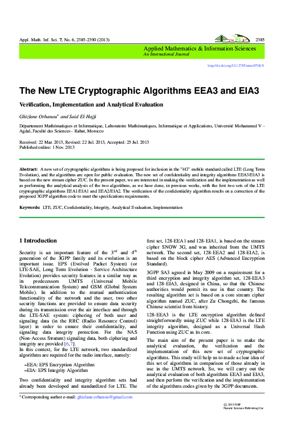 (PDF) The New LTE Cryptographic Algorithms EEA3 and EIA3 Verification ...