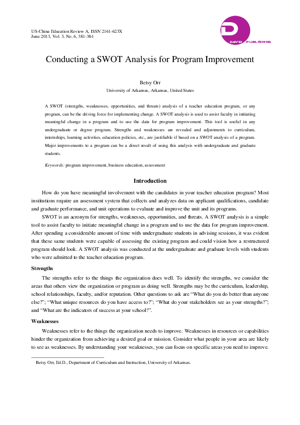(PDF) Conducting a S.W.O.T. Analysis for Program Improvement