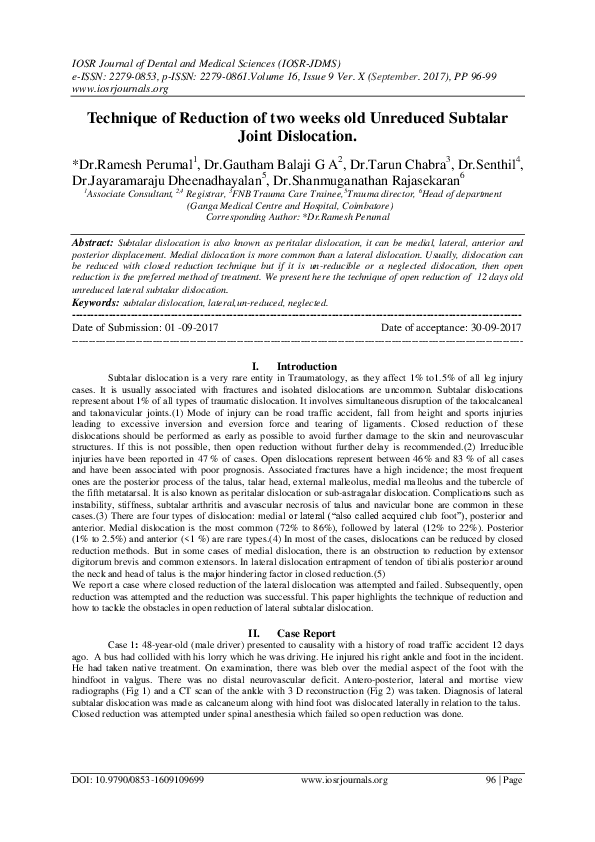 (PDF) Technique of Reduction of two weeks old Unreduced Subtalar Joint ...