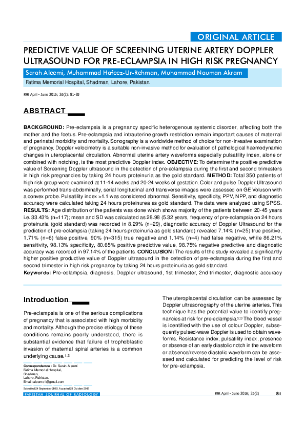 (PDF) Predictive Value of Screening Uterine Artery Doppler Ultrasound ...