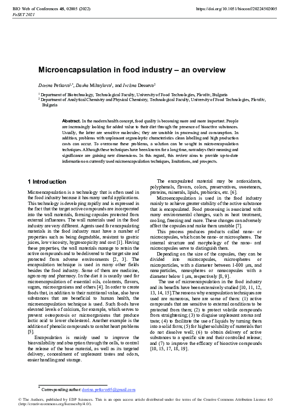 (PDF) Microencapsulation in food industry – an overview