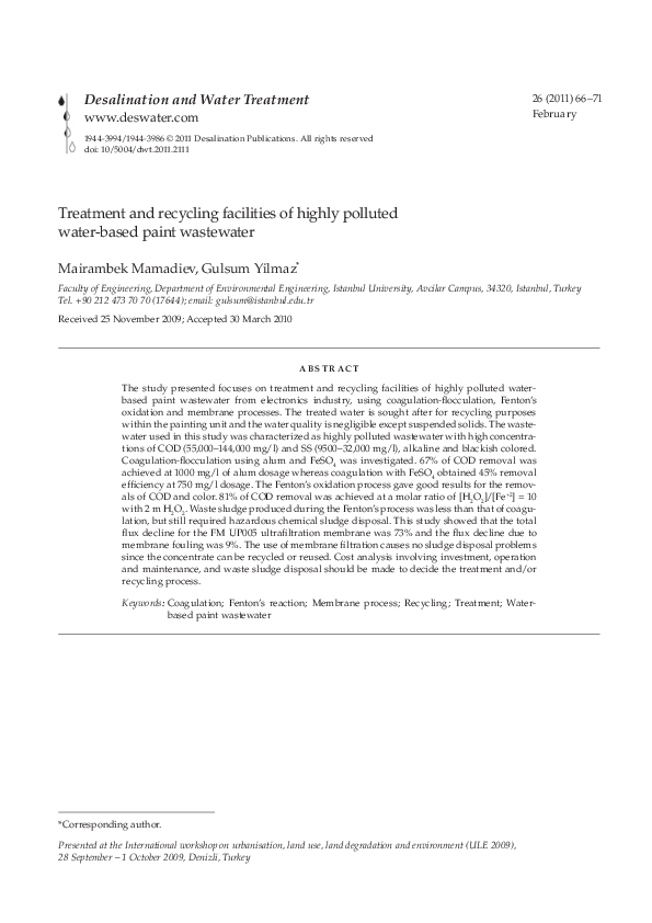 (PDF) Treatment and recycling facilities of highly polluted waterbased paint wastewater