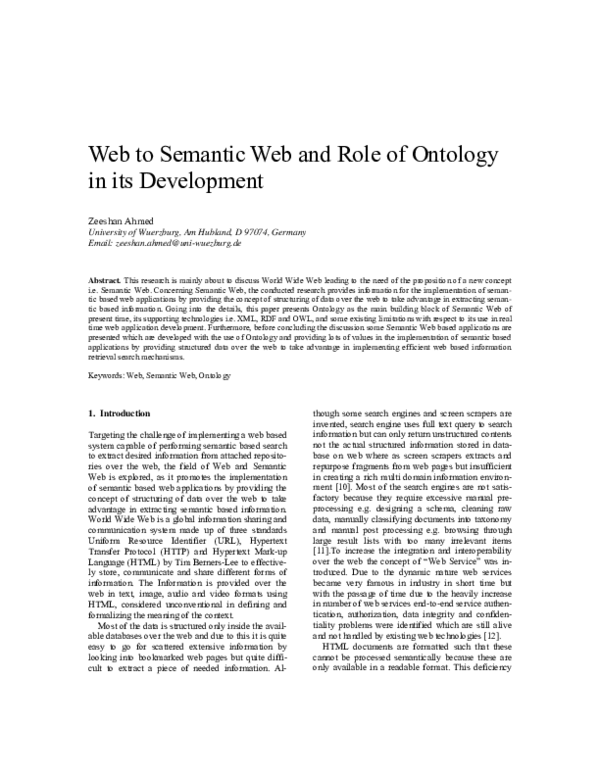 (PDF) Web to Semantic Web and Role of Ontology in its Development