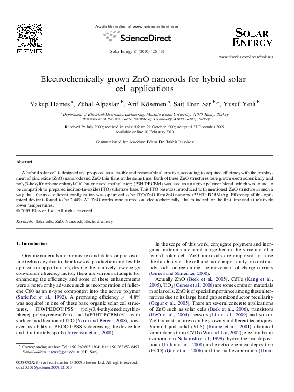 (PDF) Electrochemically grown ZnO nanorods for hybrid solar cell ...