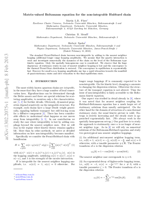 (PDF) Matrix-valued Boltzmann equation for the non-integrable Hubbard chain