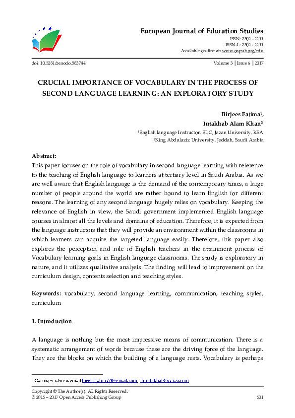 (PDF) Crucial Importance of Vocabulary in the Process of Second ...