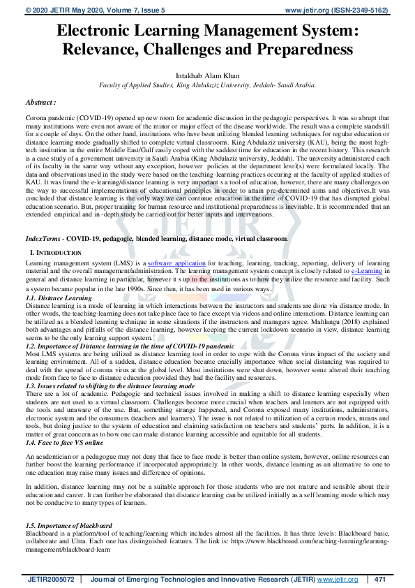 (PDF) Electronic Learning Management System Relevance, Challenges and Preparedness intakhab