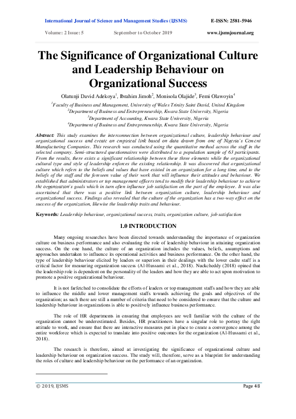 (PDF) The Significance of Organizational Culture and Leadership ...