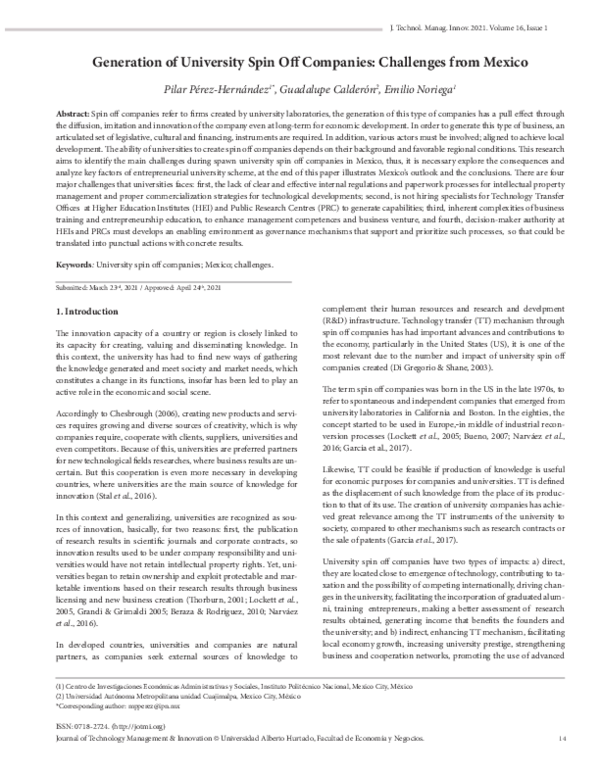 (PDF) Generation of University Spin Off Companies: Challenges from Mexico