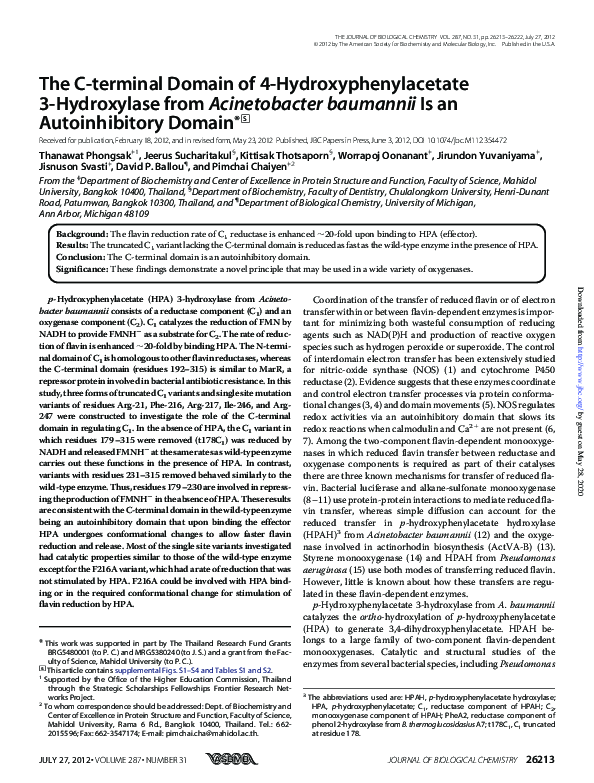 (PDF) The C-terminal Domain of 4-Hydroxyphenylacetate 3-Hydroxylase ...