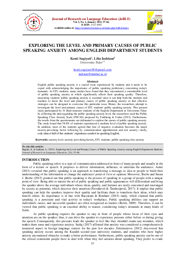 (PDF) Exploring the Level and Primary Causes of Public Speaking Anxiety ...