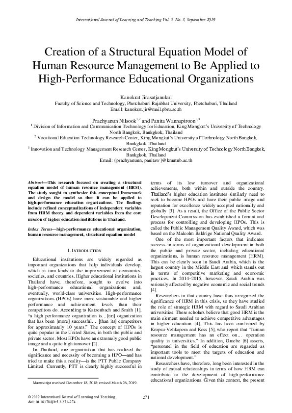 (PDF) Creation of a Structural Equation Model of Human Resource ...
