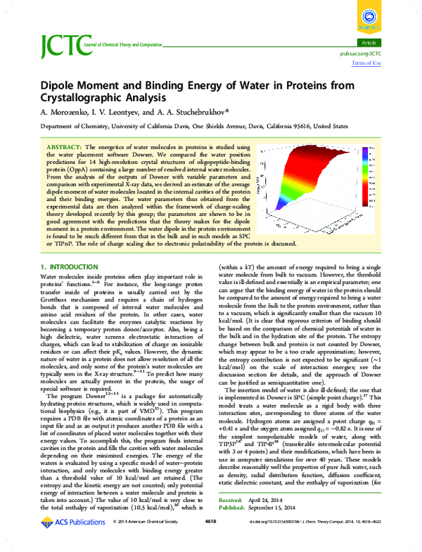 (PDF) Dipole Moment and Binding Energy of Water in Proteins from ...