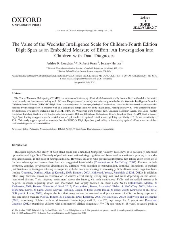 (PDF) The Value of the Wechsler Intelligence Scale for Children-Fourth ...