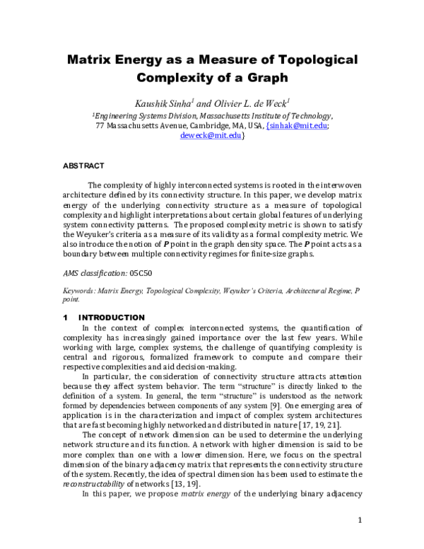 (PDF) Matrix Energy as a Measure of Topological Complexity of a Graph