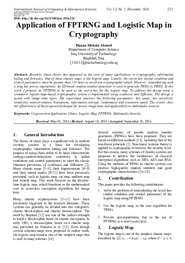 (PDF) Application of FPTRNG and Logistic Map in Cryptography