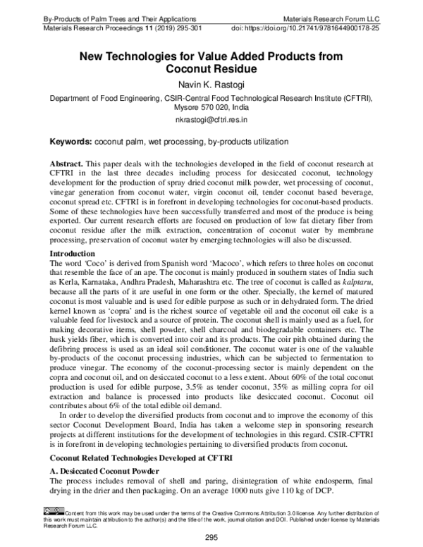 (PDF) New Technologies for Value Added Products from Coconut Residue
