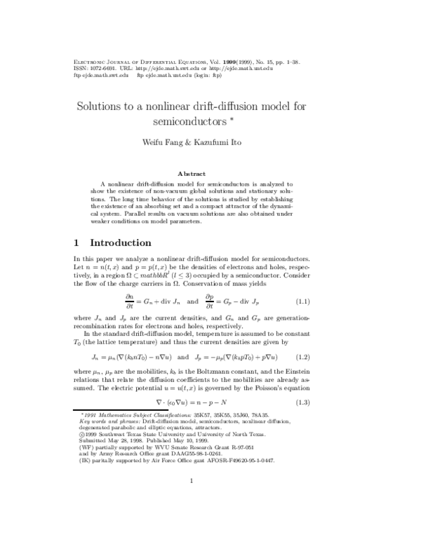 (PDF) Solutions to a nonlinear drift-diffusion model for semiconductors