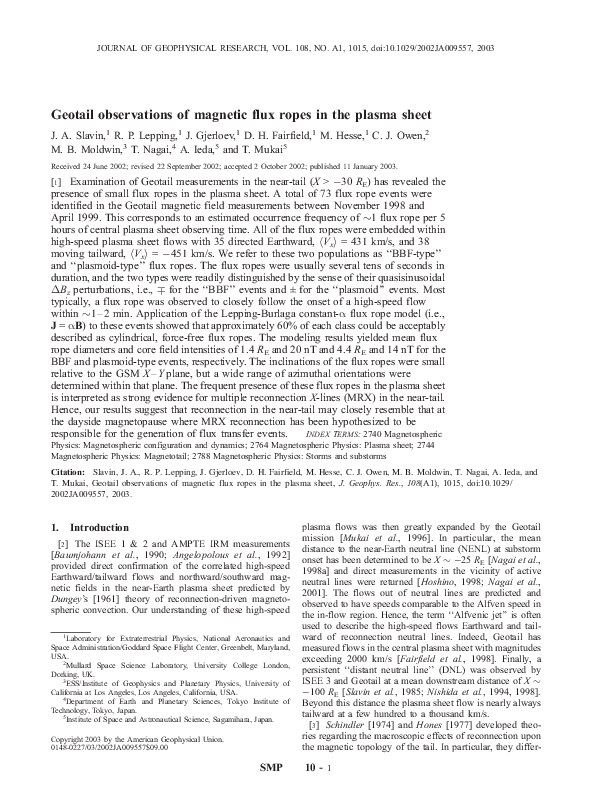 (PDF) Geotail observations of magnetic flux ropes in the plasma sheet