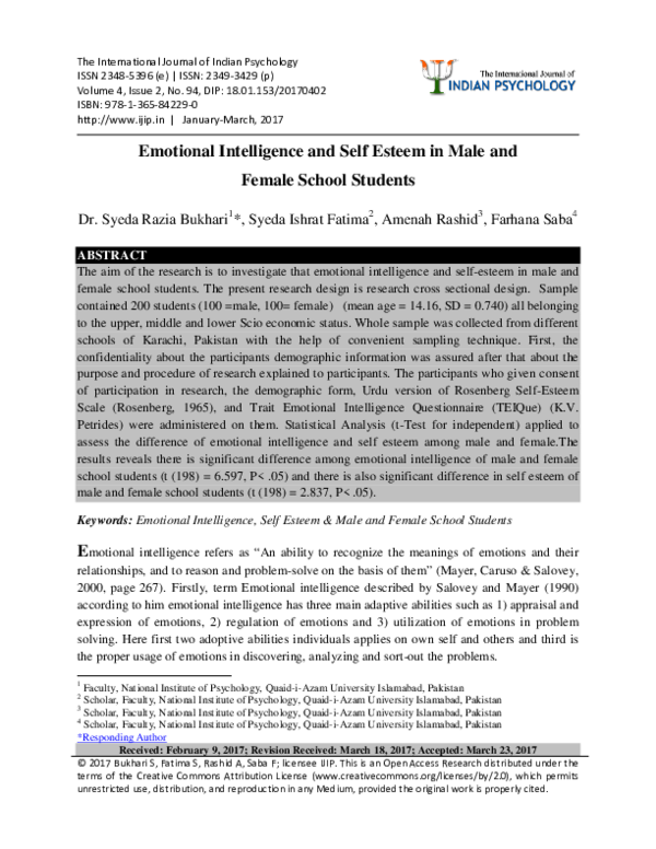 (PDF) Emotional Intelligence and Self Esteem in Male and Female School ...
