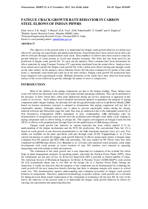 (PDF) Fatigue crack growth rate behavior in carbon steel elbows of ...