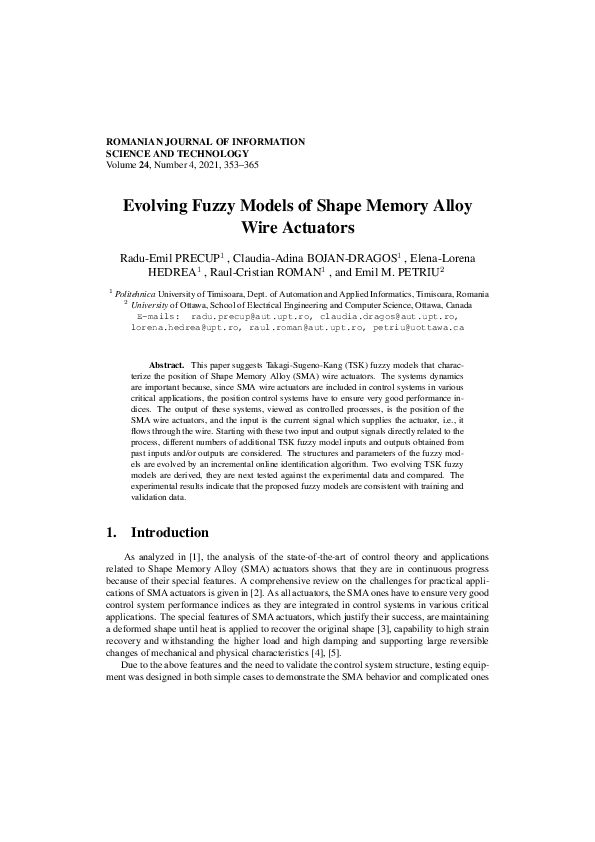 (PDF) Evolving Fuzzy Models of Shape Memory Alloy Wire Actuators