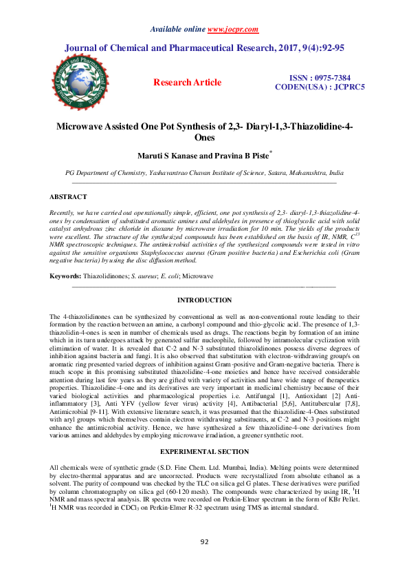 (PDF) Microwave Assisted One Pot Synthesis of 2,3-Diaryl-1,3 ...
