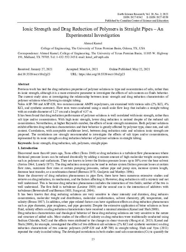 (PDF) Ionic Strength and Drag Reduction of Polymers in Straight Pipes ...