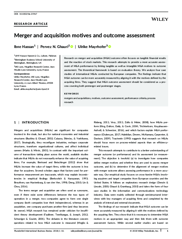 (PDF) Merger and acquisition motives and outcome assessment