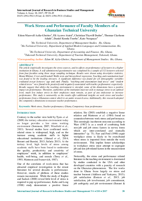 (PDF) Work Stress and Performance of Faculty Members of a Ghanaian ...