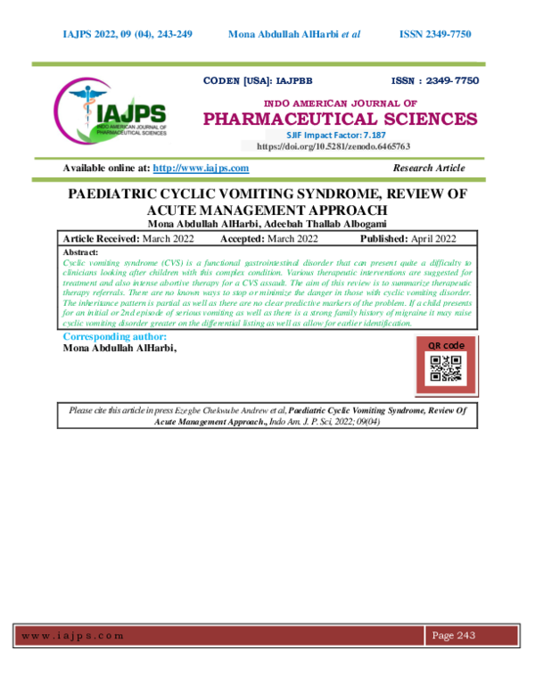 (PDF) PAEDIATRIC CYCLIC VOMITING SYNDROME, REVIEW OF ACUTE MANAGEMENT