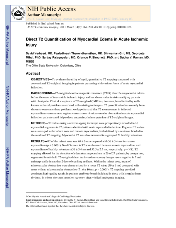 (PDF) Direct T2 Quantification of Myocardial Edema in Acute Ischemic Injury