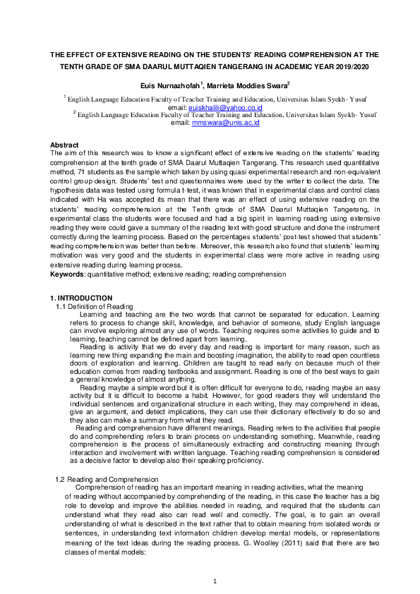 (PDF) The Effect of Extensive Reading on the Students’ Reading ...