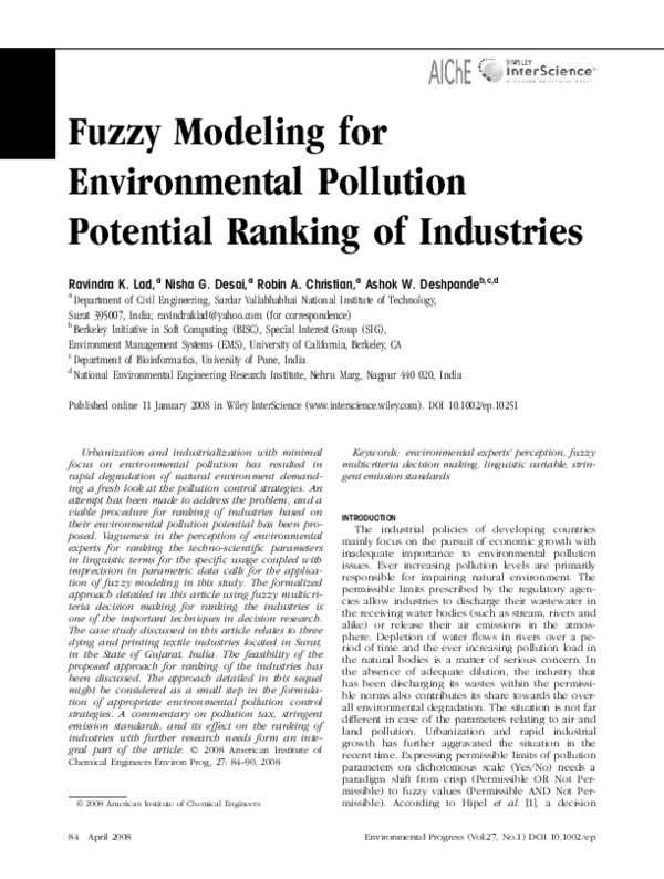 (PDF) Fuzzy modeling for environmental pollution potential ranking of ...