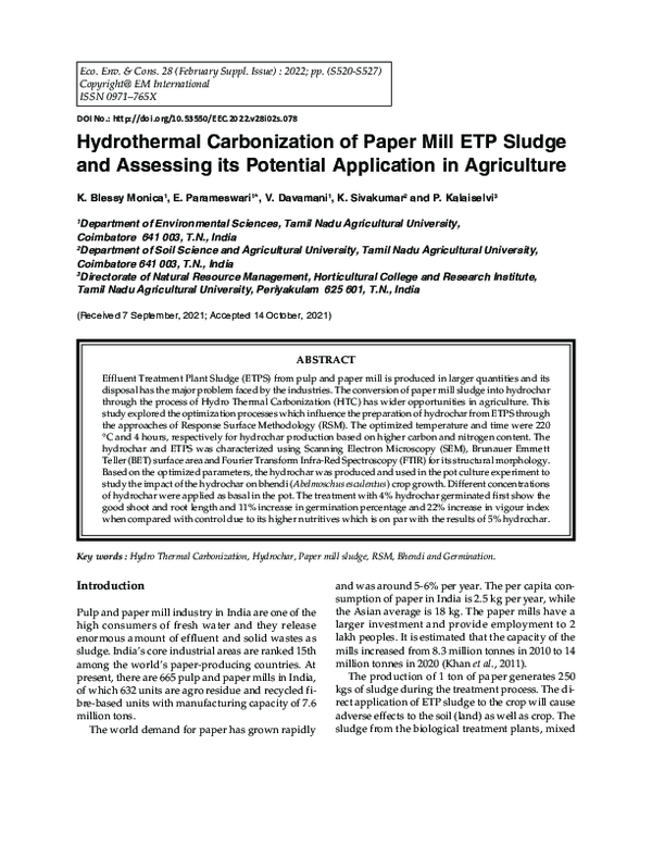 (PDF) Hydrothermal Carbonization of Paper Mill ETP Sludge and Assessing ...